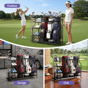 Golf Bag Storage Rack | 3 Bag Garage Organiser with Wheels | Black