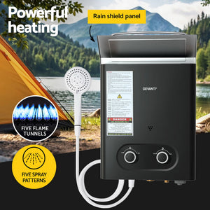 Devanti Portable Gas Water Heater | LPG-Powered System | Black