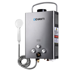 Devanti Gas Water Heater | Portable LPG | 8L/Min | With Pump | Grey