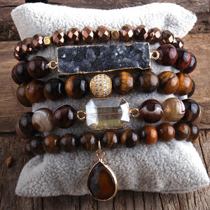 Wide Hippie Bracelet With Druzy Drop Charm | Handmade With Tiger Eye