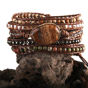 Brown 5 Strand Boho Beaded Bracelet With Natural Stones & Crystal Stone Charm