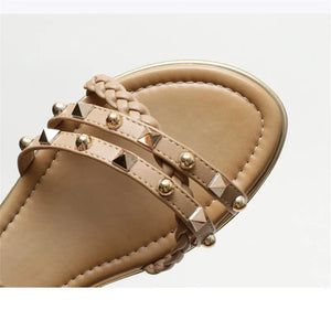 Women's Gladiator Sandals | Elegant Rivet Flat Shoes | Summer Casual Footwear | Brown, Black & Apricot | Sizes 36-42