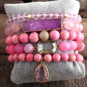 Wide Hippie Bracelet With Druzy Drop Charm | Handmade In Pink