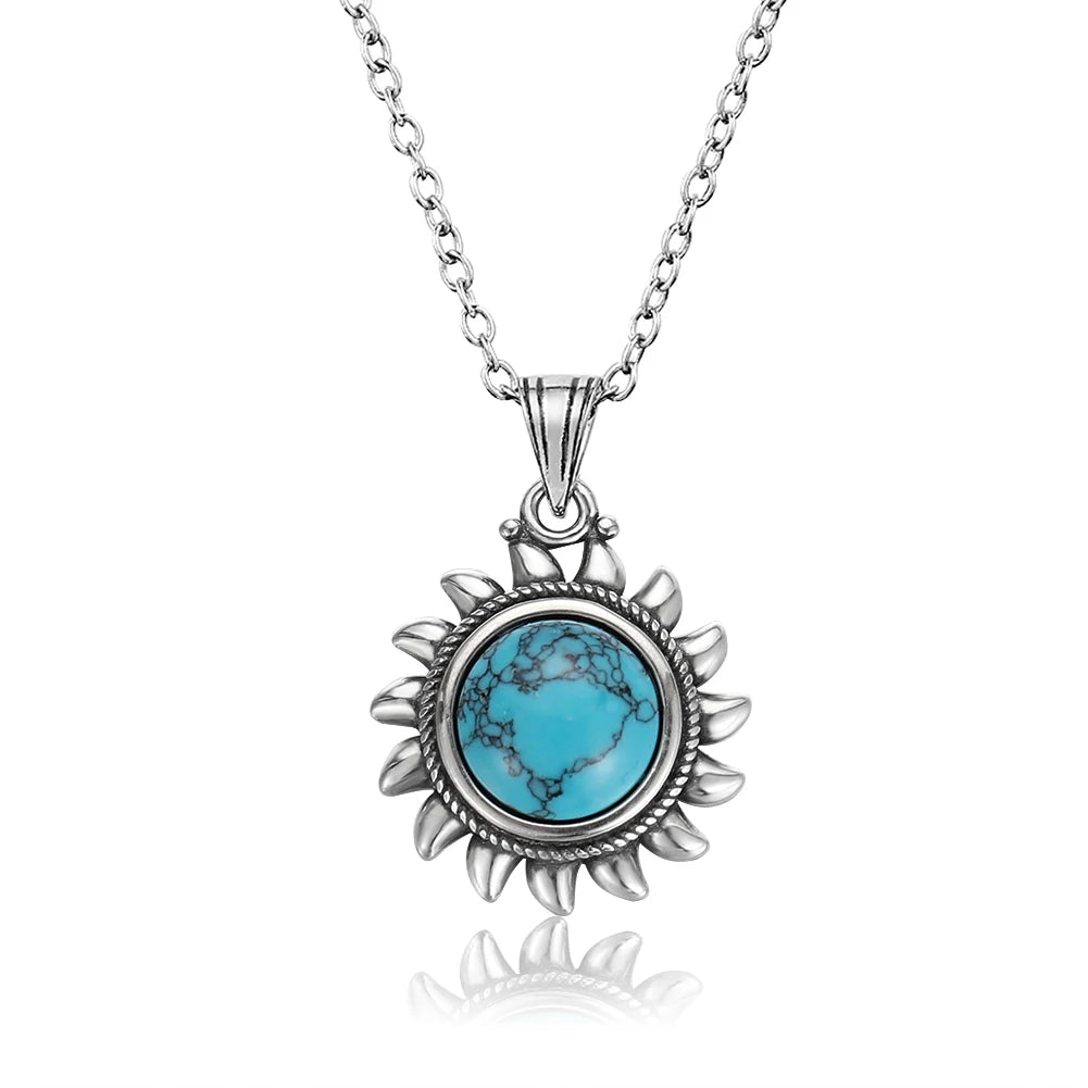 Tibetan Silver Necklace With Sun Pendant & Turquoise Gem