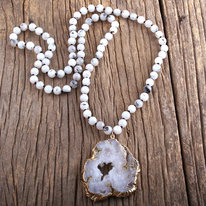 White Bohemian Pendant Necklace With Large Druzy Stone