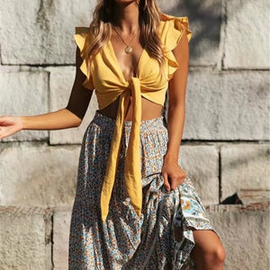 Boho Butterfly Sleeve Ruffle Crop Top | Cotton Linen Tie-Front Blouse (White or Yellow)