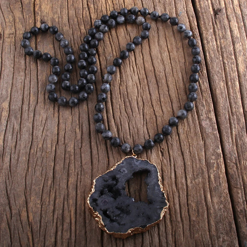 Black Bohemian Pendant Necklace With Large Druzy Stone