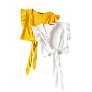 Boho Butterfly Sleeve Ruffle Crop Top | Cotton Linen Tie-Front Blouse (White or Yellow)