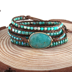 Amazonite 5 Strand Boho Beaded Bracelet With Natural Stones & Crystal Stone Charm