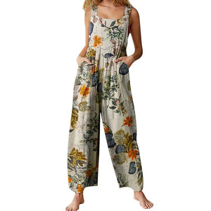 Bohemian Hippie Women's Summer Linen Cotton Jumpsuit | Sleeveless Backless Floral Leaf Print Overalls | Navy, Black, Beige | S - 2XL