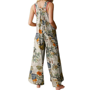 Bohemian Hippie Women's Summer Linen Cotton Jumpsuit | Sleeveless Backless Floral Leaf Print Overalls | Navy, Black, Beige | S - 2XL