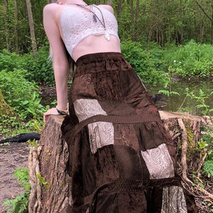 Bohemian Patchwork Maxi Skirt | Women’s Fairycore Gothic A - Line High Waist Skirt | Brown | S - XL