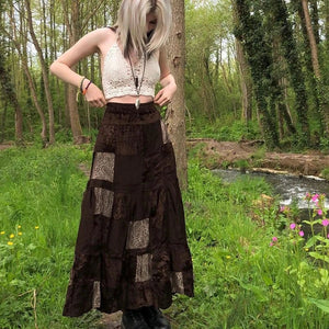 Bohemian Patchwork Maxi Skirt | Women’s Fairycore Gothic A - Line High Waist Skirt | Brown | S - XL