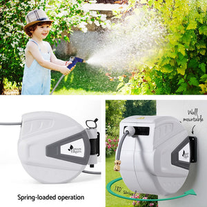 Green Fingers 30M Water Hose Reel | Retractable Auto Rewind | Wall Mount | Garden Spray Gun