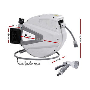 Green Fingers 30M Water Hose Reel | Retractable Auto Rewind | Wall Mount | Garden Spray Gun