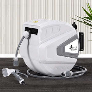 Green Fingers 30M Water Hose Reel | Retractable Auto Rewind | Wall Mount | Garden Spray Gun
