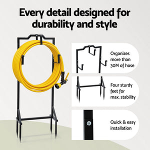 Garden Hose Holder Stand | Freestanding Metal | 4 Ground Spikes | Black