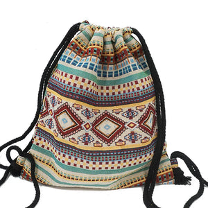 New Women's Fabric Draw String Gypsy Styled Backpack - Various Styles