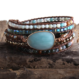 Amazonite 5 Strand Boho Beaded Bracelet With Natural Stones & Crystal Stone Charm