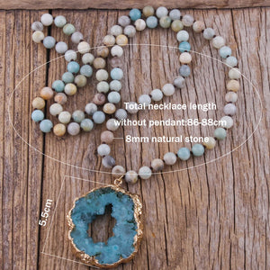 Blue Aqua Bohemian Pendant Necklace With Large Druzy Stone