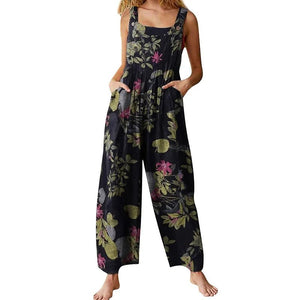 Bohemian Hippie Women's Summer Linen Cotton Jumpsuit | Sleeveless Backless Floral Leaf Print Overalls | Navy, Black, Beige | S - 2XL