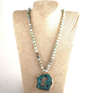 Blue Aqua Bohemian Pendant Necklace With Large Druzy Stone