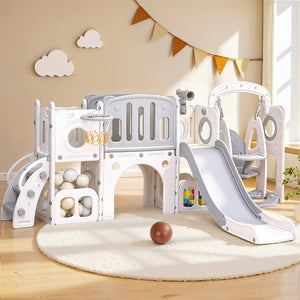Keezi Kids Outdoor Playset | Slide Swing Basketball Hoop Football | 132cm | Grey