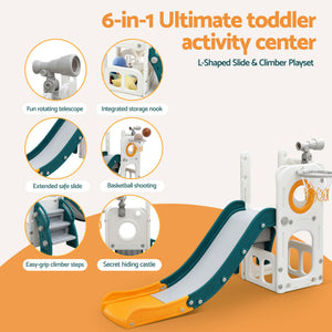 Kids Slide Set | Basketball Hoop + Telescope | Outdoor Playground | Storage