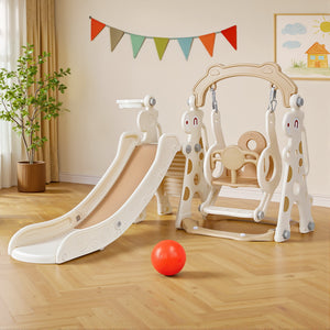 Keezi Slide & Swing Set | 3-in-1 Outdoor Playground | With Basketball Hoop | 160cm | Beige