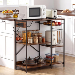 Kitchen Rack | 3-Tier Microwave Stand | Power Outlets & 6 Hooks | 90cm