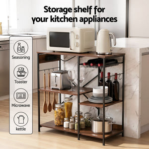 Kitchen Rack | 3-Tier Microwave Stand | Power Outlets & 6 Hooks | 90cm