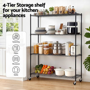Kitchen Storage Rack | 4-Tier Adjustable Metal Shelving with Wheels | 152 x 45 x 187cm