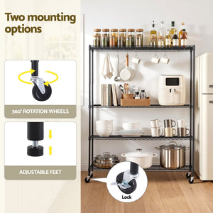 Kitchen Storage Rack | 4-Tier Adjustable Metal Shelving with Wheels | 152 x 45 x 187cm