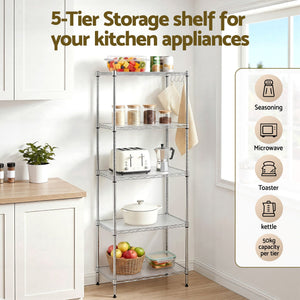 Kitchen Shelving Unit | 5-Tier Adjustable Metal Rack | 60 x 35 x 150cm | Silver