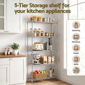Kitchen Storage Rack | 5-Tier Adjustable Metal Shelving | 90 x 35 x 182cm
