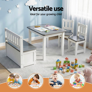 Kids Table Set 4pc | Activity Table + Storage Bench + 2 Chairs | Grey