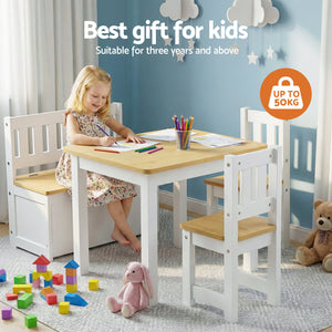 Kids Table Set 4pc | Activity Table + Storage Bench + 2 Chairs | Natural