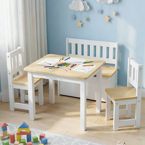 Kids Table Set 4pc | Activity Table + Storage Bench + 2 Chairs | Natural