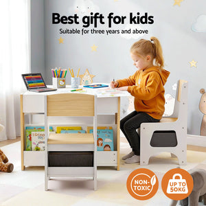 Kids Table Set | 4-in-1 Activity Table + Bookcase + Storage + Blackboard | Natural