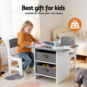 Kids Activity Table Set 3pc | Wooden Table + 2 Chairs | 2 Storage Drawers | Grey