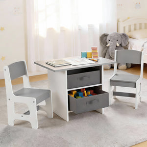 Kids Activity Table Set 3pc | Wooden Table + 2 Chairs | 2 Storage Drawers | Grey