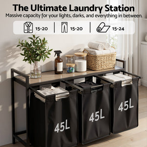 Laundry Basket | 3 Pull-Out Bags & Metal Frame | Black