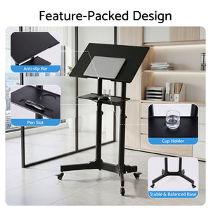 Mobile Lectern Stand | Adjustable Sit-to-Stand Presentation Podium | Black