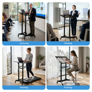 Mobile Lectern Stand | Adjustable Sit-to-Stand Presentation Podium | Black