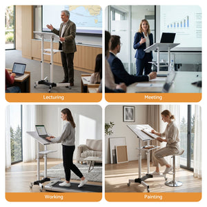 Mobile Lectern Stand | Adjustable Sit-to-Stand Presentation Podium | White