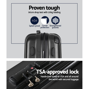 Wanderlite 3pcs Luggage Trolley Set | Travel Suitcase Storage Organiser | Carry On | Hard Case | TSA | Lightweight | Black