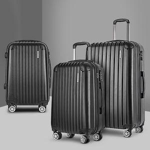 Wanderlite 3pcs Luggage Trolley Set | Travel Suitcase Storage Organiser | Carry On | Hard Case | TSA | Lightweight | Black