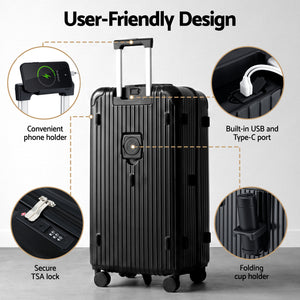28in Luggage Suitcase | 5 Wheels | TSA Lock | Type-C Port | Black