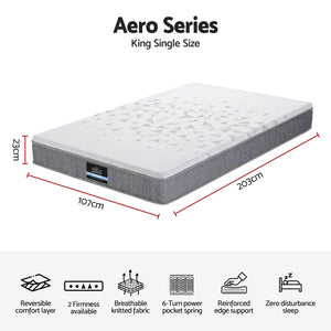 Giselle Bedding King Single Mattress 23cm Pocket Spring Mattress with Adjustable Firmness Reversible Foam Layer for Medium Firm & Firm Support Motion Isolation Bedroom Bed