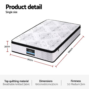 30cm Pocket Spring Mattress | Medium Firm Euro Top | Single